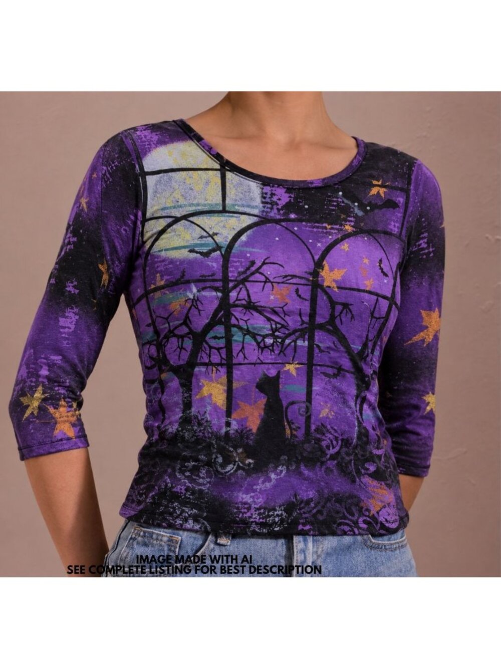 Y2K IB Diffusion Halloween Black Cat Top M Kitten Leaves Bats Full Moon Bling